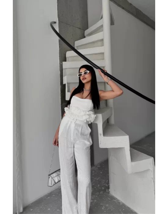 JAKARLI BLUZU TASARIM DETAYLI CEKET-PANTOLON-BLUZ 3 LÜ TAKIM - Beyaz
