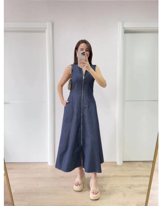 Jeans Kot Önü Tam Fermuarlı Uzun Elbise - Mavi