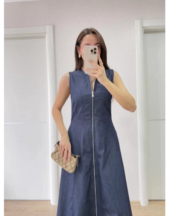 Jeans Kot Önü Tam Fermuarlı Uzun Elbise - Mavi
