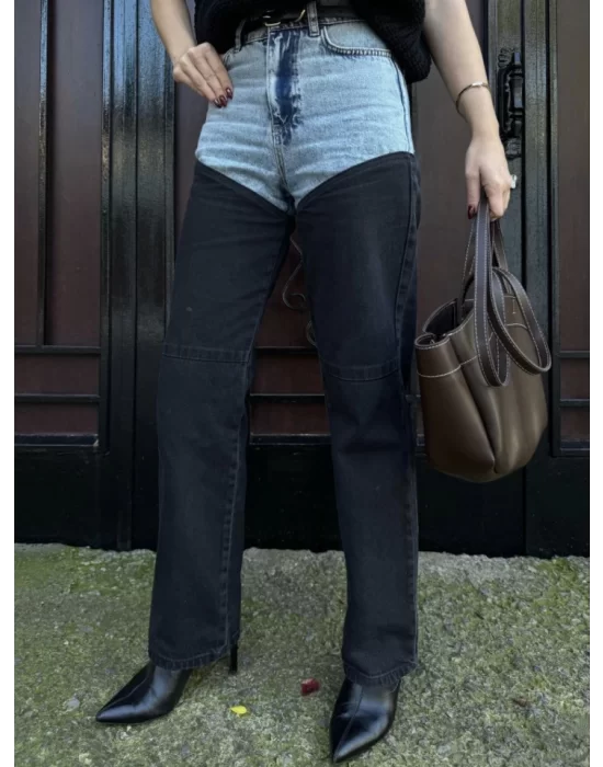Jeans Kot Parçalı Palazzo Pantolon - Siyah