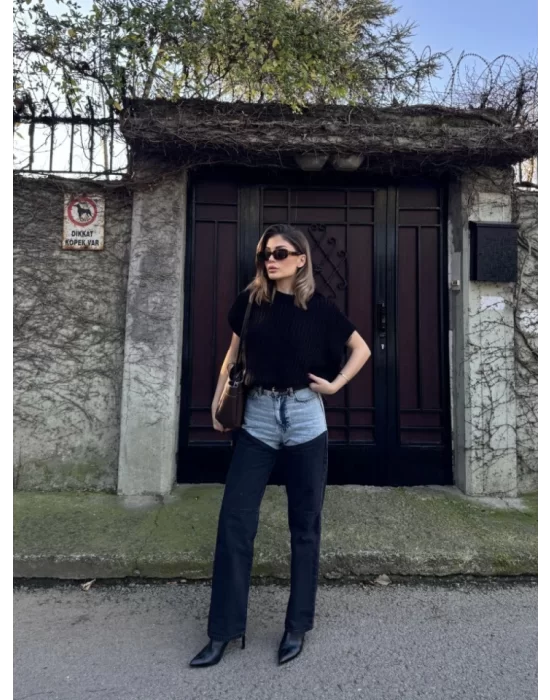 Jeans Kot Parçalı Palazzo Pantolon - Siyah