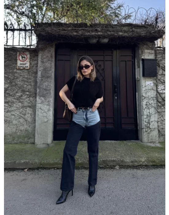 Jeans Kot Parçalı Palazzo Pantolon - Siyah