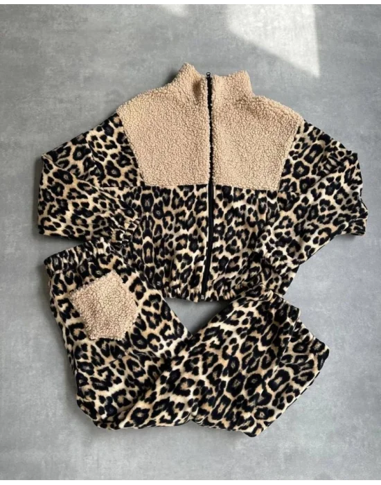 Kadın 3 Iplik Kumaş Leopar Desenli Ikili Takım