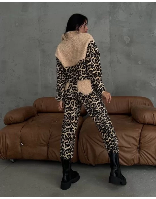 Kadın 3 Iplik Kumaş Leopar Desenli Ikili Takım