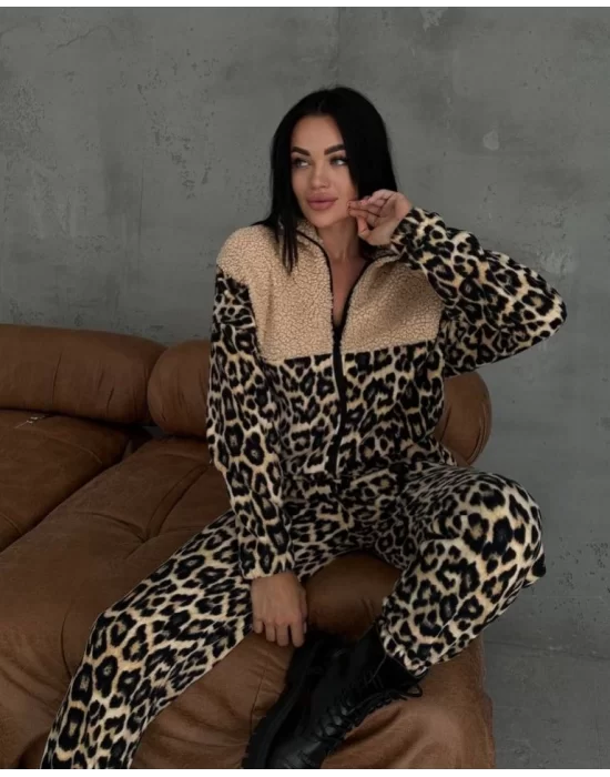 Kadın 3 Iplik Kumaş Leopar Desenli Ikili Takım