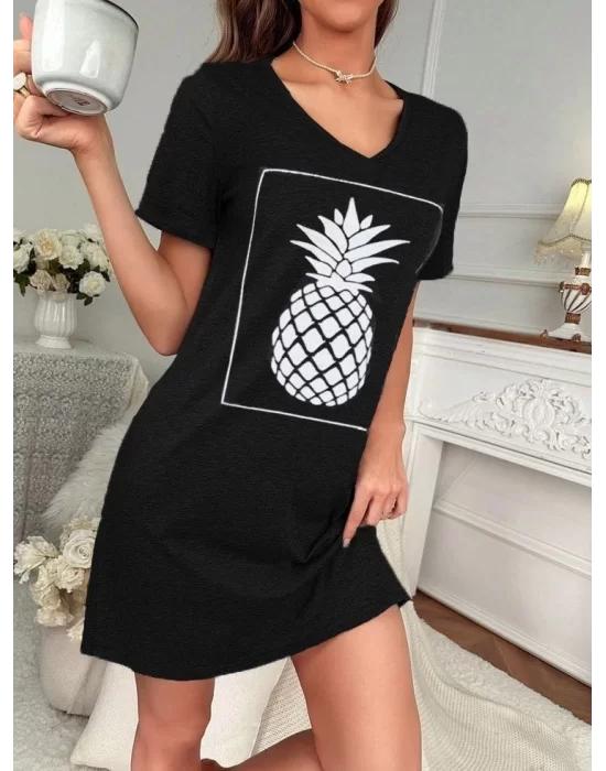 Kadın Ananas Baskılı Kısa Kol Viskon Elbise