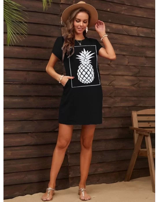 Kadın Ananas Baskılı Kısa Kol Viskon Elbise