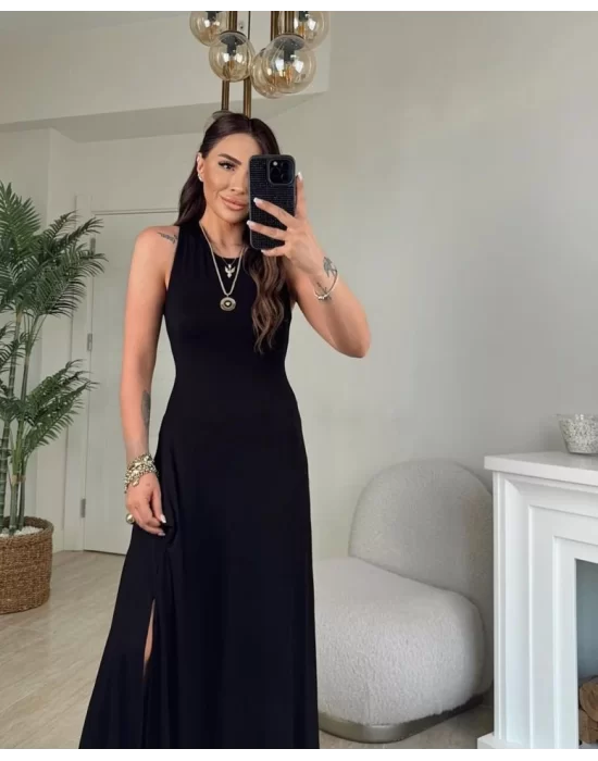 Kadın Arkadan çapraz Detay Yuvarlak Yaka Maksi Viskon Elbise