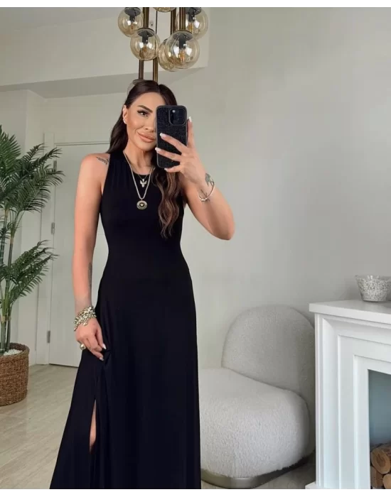 Kadın Arkadan çapraz Detay Yuvarlak Yaka Maksi Viskon Elbise