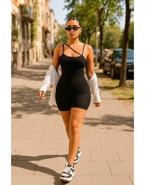 Kadın Asimetrik Askılı Mini Kaşkorse Bodycon Tulum