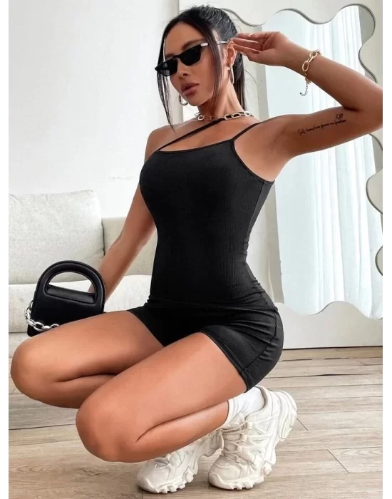 Kadın Asimetrik Askılı Mini Kaşkorse Bodycon Tulum