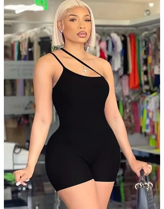 Kadın Asimetrik Askılı Mini Kaşkorse Bodycon Tulum