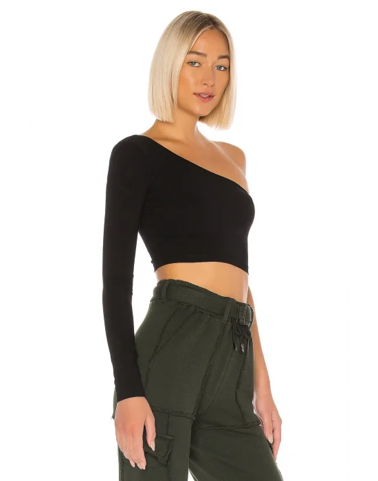 MetuCa Kadın Siyah Tek Omuz Asimetrik Yaka Uzun Kollu Jarse Kumaş Crop Bluz