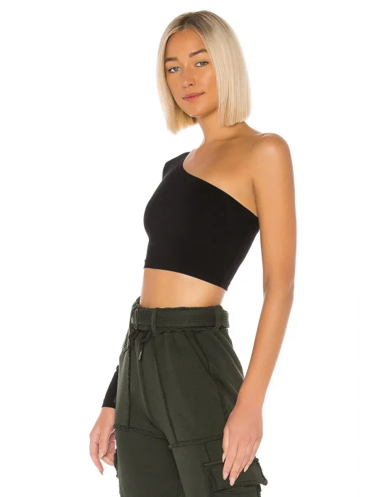 MetuCa Kadın Siyah Tek Omuz Asimetrik Yaka Uzun Kollu Jarse Kumaş Crop Bluz