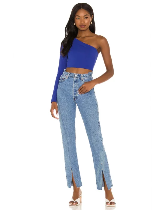 MetuCa Kadın Saks Mavisi Tek Omuz Asimetrik Yaka Uzun Kollu Jarse Kumaş Crop Bluz