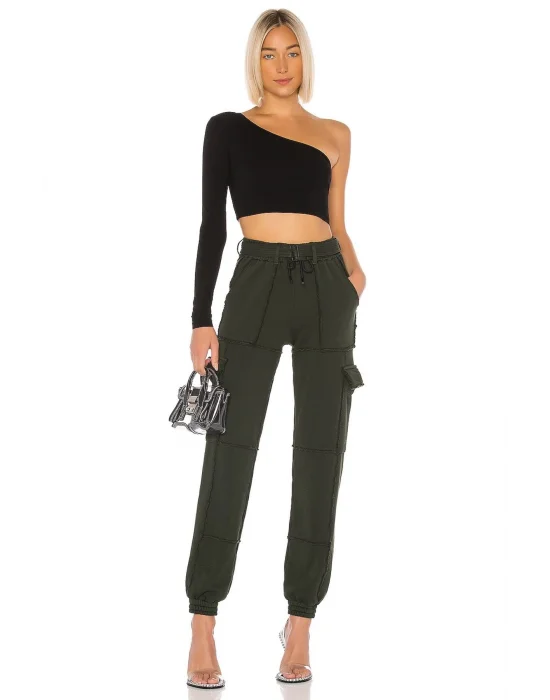 MetuCa Kadın Siyah Tek Omuz Asimetrik Yaka Uzun Kollu Jarse Kumaş Crop Bluz