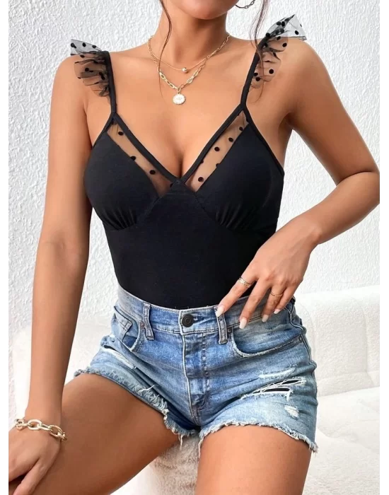 Kadın Askılar Tül Işlemeli Kalp Yaka Tül Detay Dalgıç Bluz