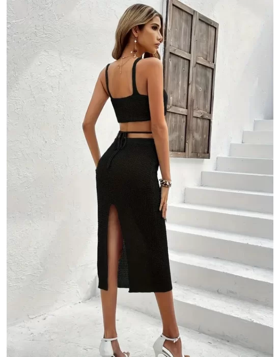 Kadın Askılı Crop Ve Bel Detaylı Derin Yırtmaçlı Etek Ikili Takım