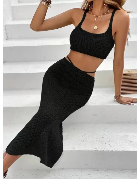 Kadın Askılı Crop Ve Bel Detaylı Derin Yırtmaçlı Etek Ikili Takım