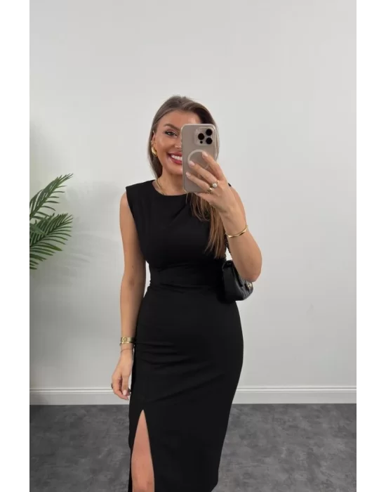 Kadın Askılı Kolsuz Belden Büzgülü Yırtmaçlı Midi Janjan Krep Elbise