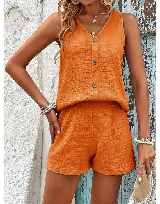 Kadın Askılı Kolsuz V Yakalı önden Düğmeli Bürümcük Bluz Ve Short Ikili Takım