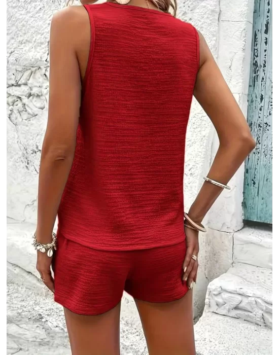 Kadın Askılı Kolsuz V Yakalı önden Düğmeli Bürümcük Bluz Ve Short Ikili Takım