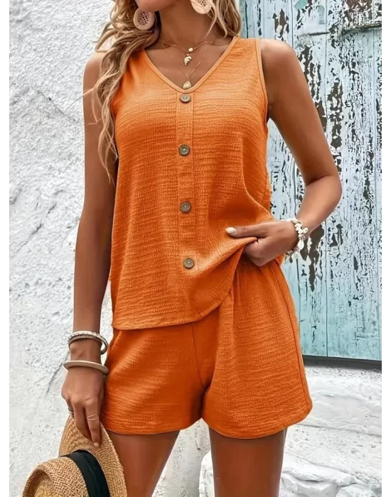 Kadın Askılı Kolsuz V Yakalı önden Düğmeli Bürümcük Bluz Ve Short Ikili Takım