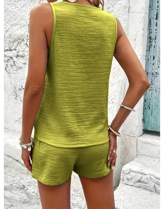 Kadın Askılı Kolsuz V Yakalı önden Düğmeli Bürümcük Bluz Ve Short Ikili Takım