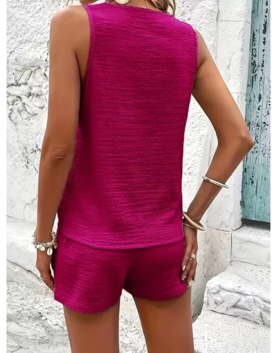Kadın Askılı Kolsuz V Yakalı önden Düğmeli Bürümcük Bluz Ve Short Ikili Takım
