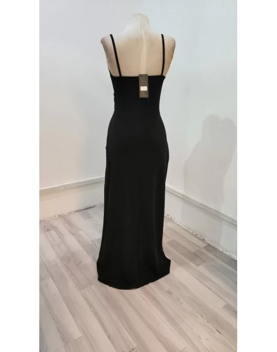 Kadın Askılı Kruvaze Yaka Derin Yırtmaçlı Krep Elbise
