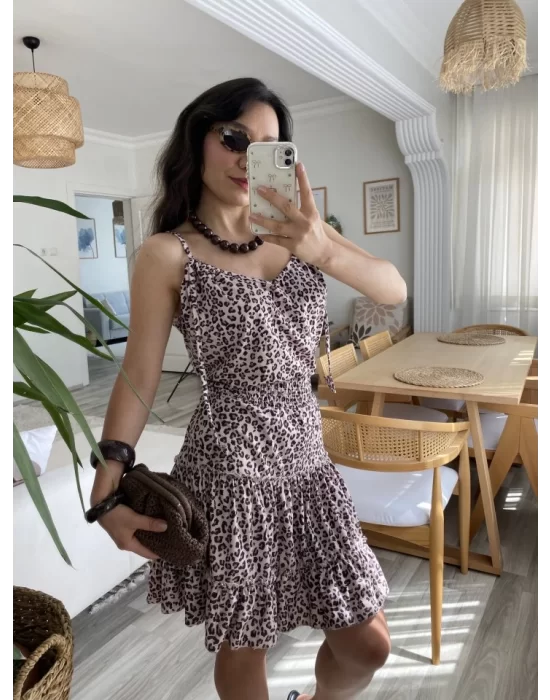 Kadın Askılı V Yaka Beli Pileli Leopar Desen Eteği Fırfırlı Süprem Elbise