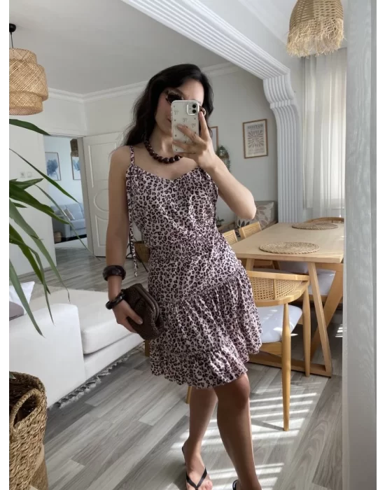 Kadın Askılı V Yaka Beli Pileli Leopar Desen Eteği Fırfırlı Süprem Elbise