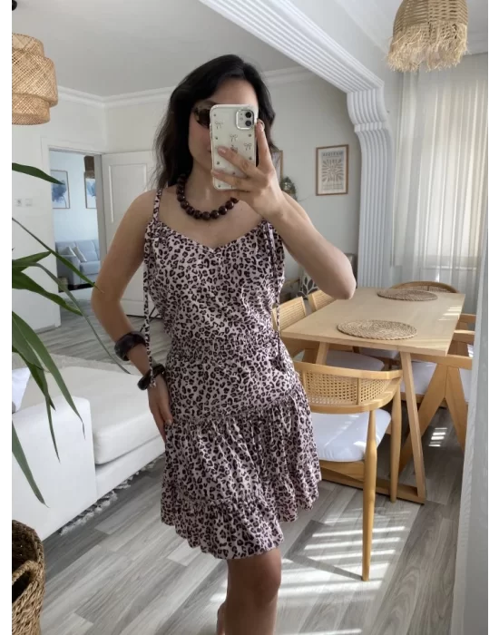 Kadın Askılı V Yaka Beli Pileli Leopar Desen Eteği Fırfırlı Süprem Elbise