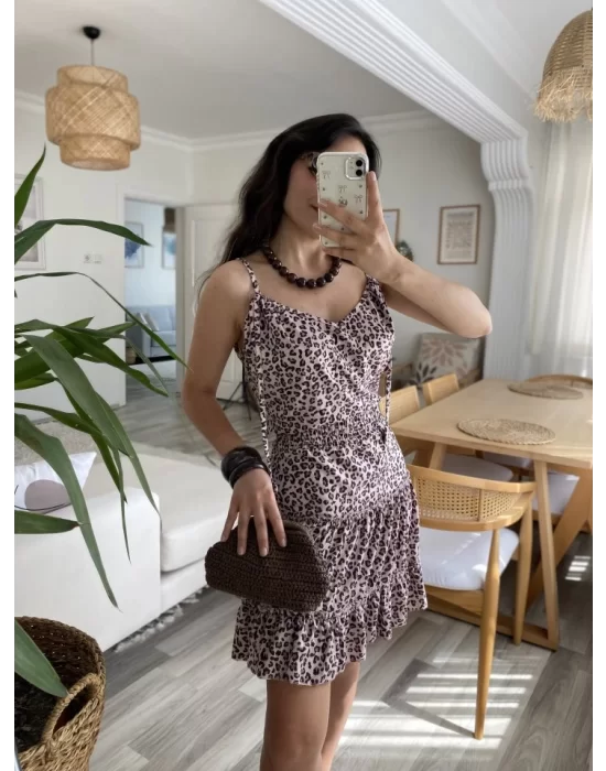 Kadın Askılı V Yaka Beli Pileli Leopar Desen Eteği Fırfırlı Süprem Elbise