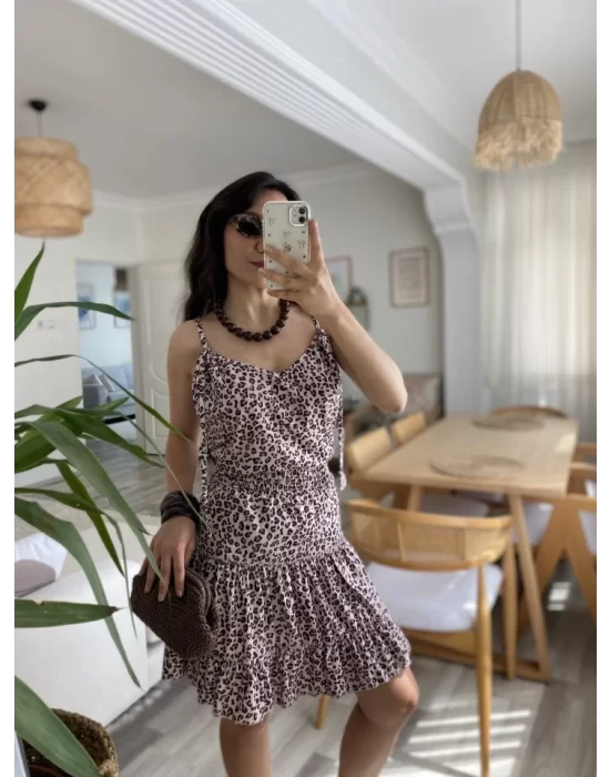 Kadın Askılı V Yaka Beli Pileli Leopar Desen Eteği Fırfırlı Süprem Elbise