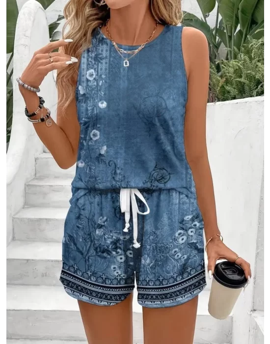 Kadın Askılı Yuvarlak Yaka çiçek Baskılı Süprme Bluz Ve Short Ikili Takım