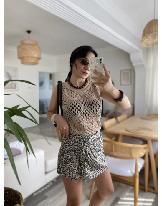 Kadın Askılı Yuvarlak Yaka Geometrik Desenli Triko Bluz