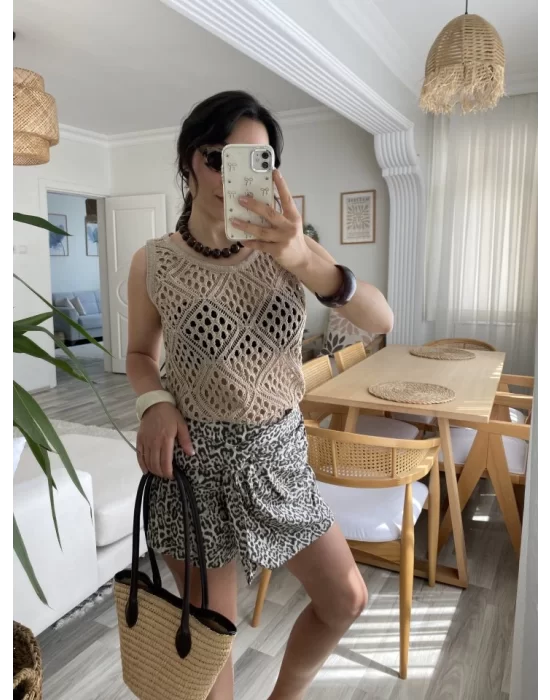 Kadın Askılı Yuvarlak Yaka Geometrik Desenli Triko Bluz