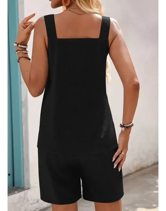 Kadın Askılı Yuvarlak Yaka Kuş Gözü Detaylı Bürümcük Bluz Ve Short Ikili Takım