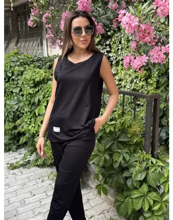 Kadın Askılı Yuvarlak Yaka Viskon Iki Iplik Bluz Ve Eşofman Altı Ikili Takım