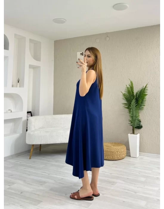 Kadın Askılı Yuvarlak Yakalı Asimetrik Kesim Detaylı Viskon Elbise