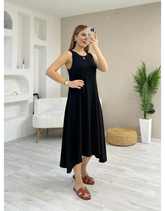 Kadın Askılı Yuvarlak Yakalı Asimetrik Kesim Detaylı Viskon Elbise