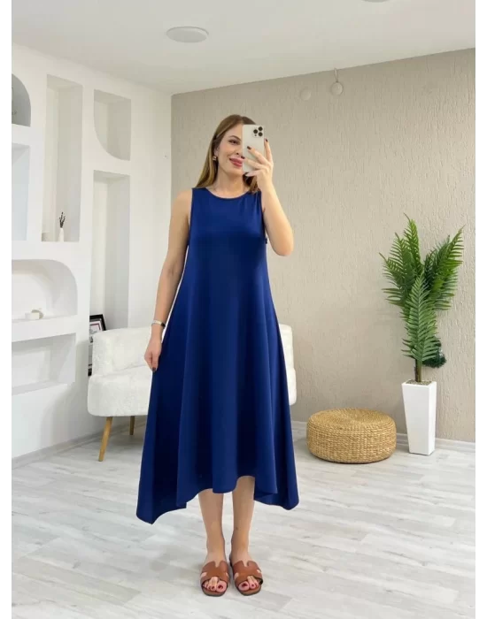 Kadın Askılı Yuvarlak Yakalı Asimetrik Kesim Detaylı Viskon Elbise