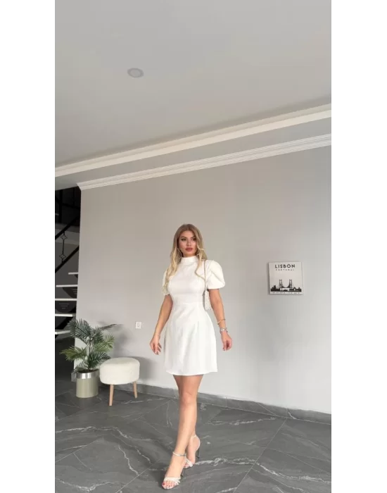 Kadın Atlas Kumaş Iç Astarlı Gizli Fermuarlı Inci Düğme Detaylı Mini Elbise