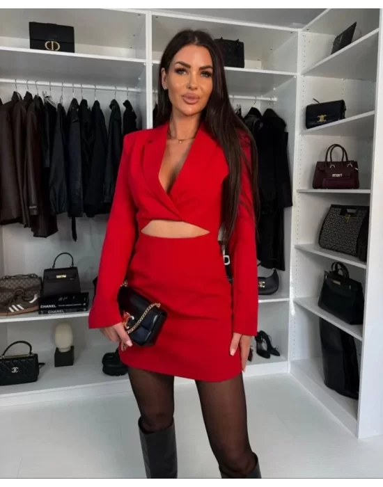 Kadın Atlas Kumaş Uzun Kollu V Yaka Blazer Kesim Göbek Dekolteli Mini Ceket Elbise