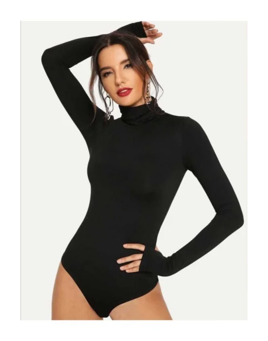 Kadın Balıkçı Yaka Boğazlı Parmak Geçirmeli Bodysuit