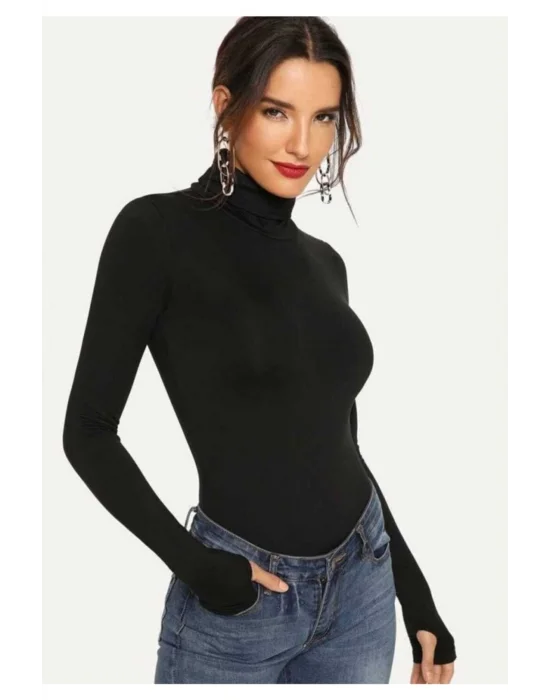 Kadın Balıkçı Yaka Boğazlı Parmak Geçirmeli Bodysuit