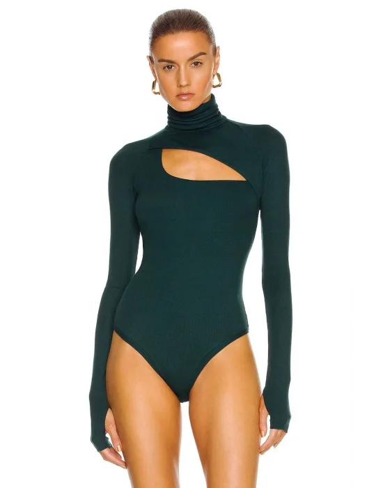 MetuCa Kadın Yeşil Pencere Dekolteli Balıkçı Yaka Uzun Kollu Parmak Geçmeli Bodysuit Zıbın