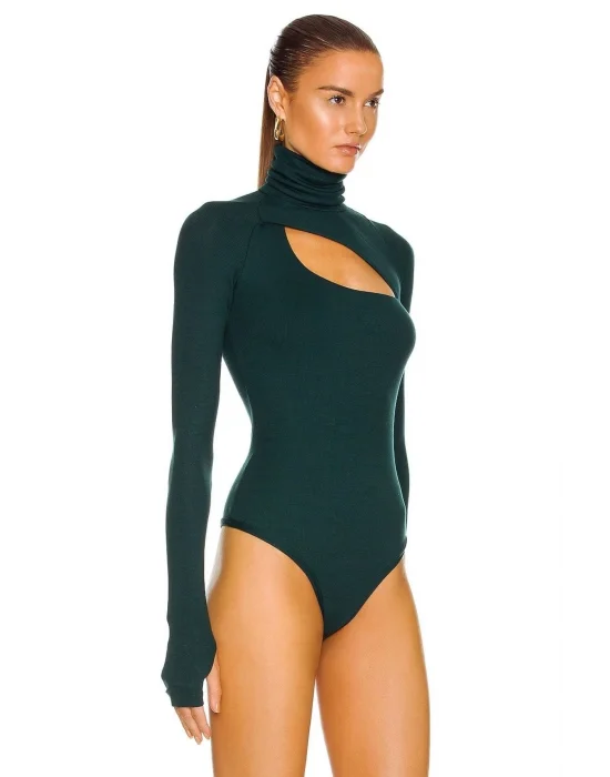 MetuCa Kadın Yeşil Pencere Dekolteli Balıkçı Yaka Uzun Kollu Parmak Geçmeli Bodysuit Zıbın