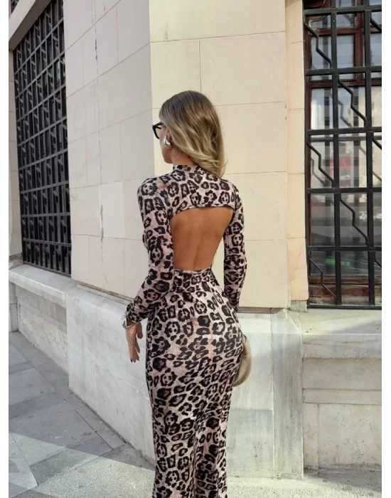 Kadın Balıkçı Yaka Sırt Dekolteli Leopar Desen Maxi Boy Elbise